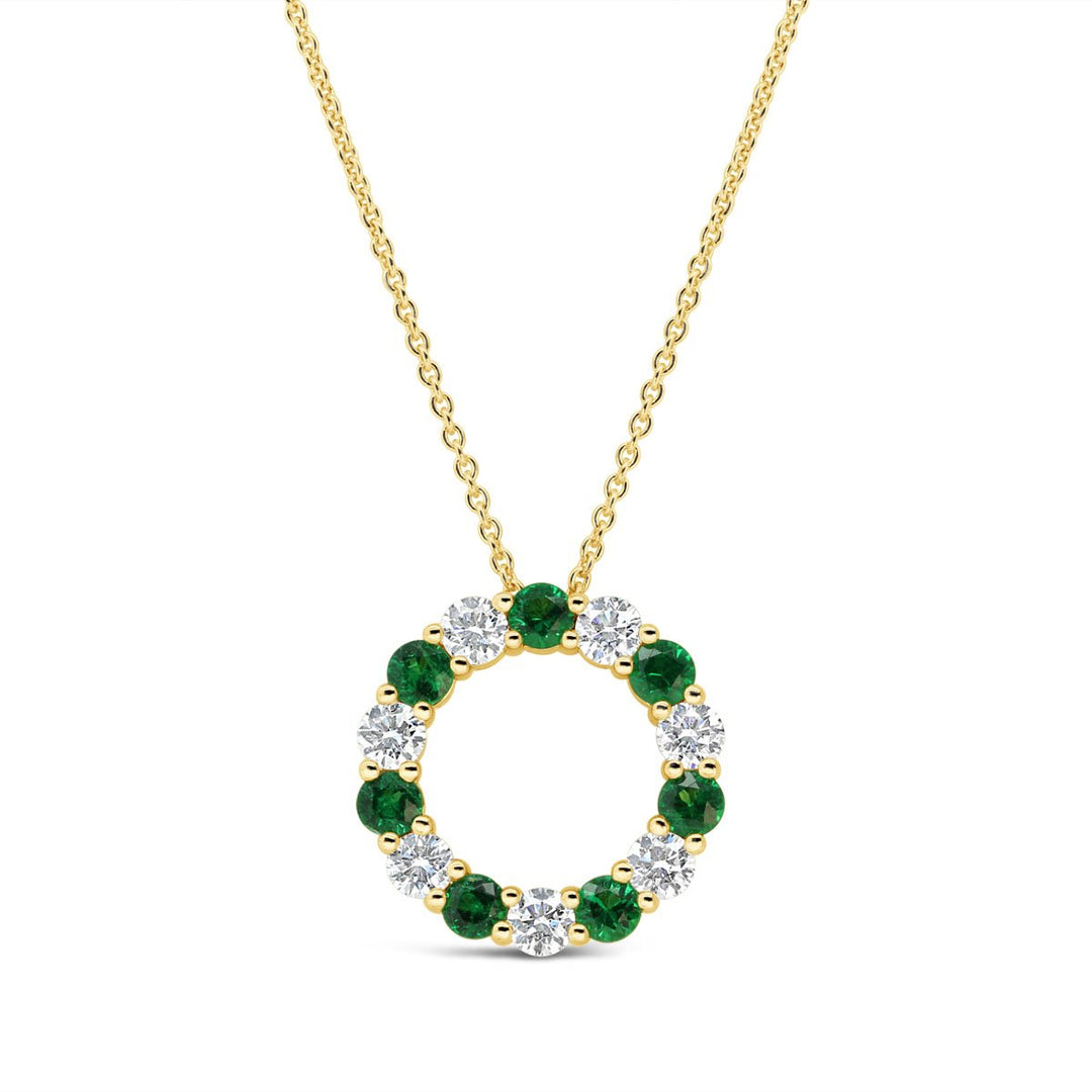 18K Yellow Gold Diamond & Green Emerald Circle Necklace - The Diamond Guys