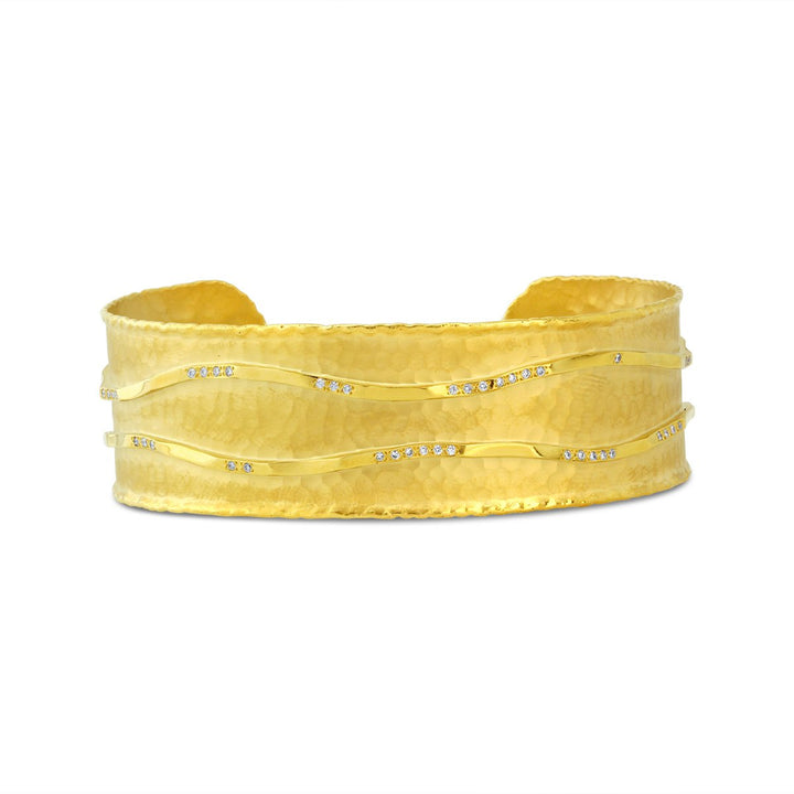 Yellow Gold Diamond Cuff Bangle with Hammered Finish - MDG8577