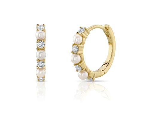14KY Shy Creation Diamond & Cultured Pearl Huggies, 0.14ctw G/H SI - The Diamond Guys