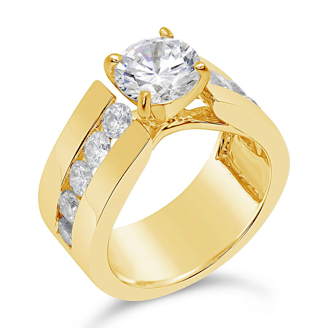 Wide Band Engagement Ring with Channel Set Side Diamonds