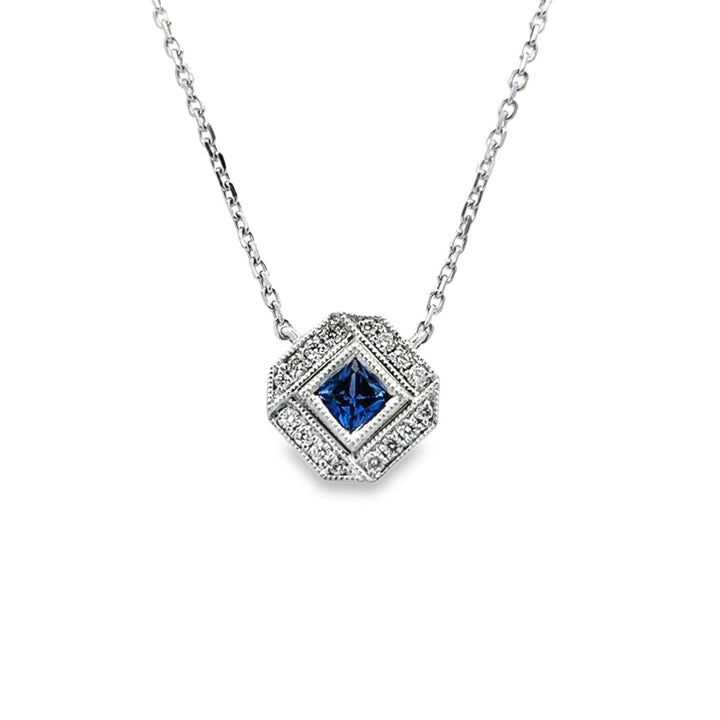 White Gold Diamond & Blue Sapphire Necklace - VNV01248