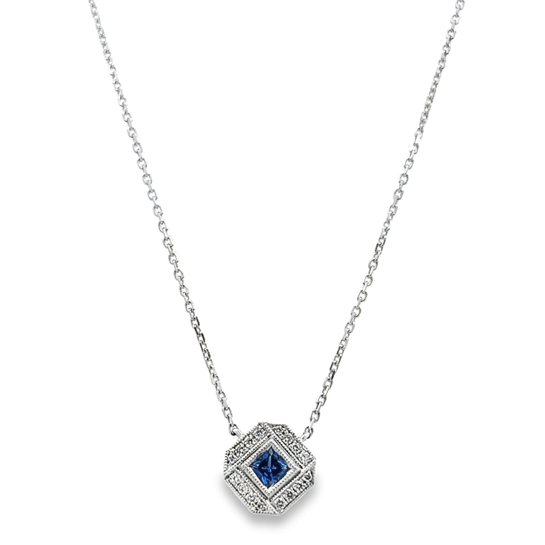 White Gold Diamond & Blue Sapphire Necklace - VNV01248