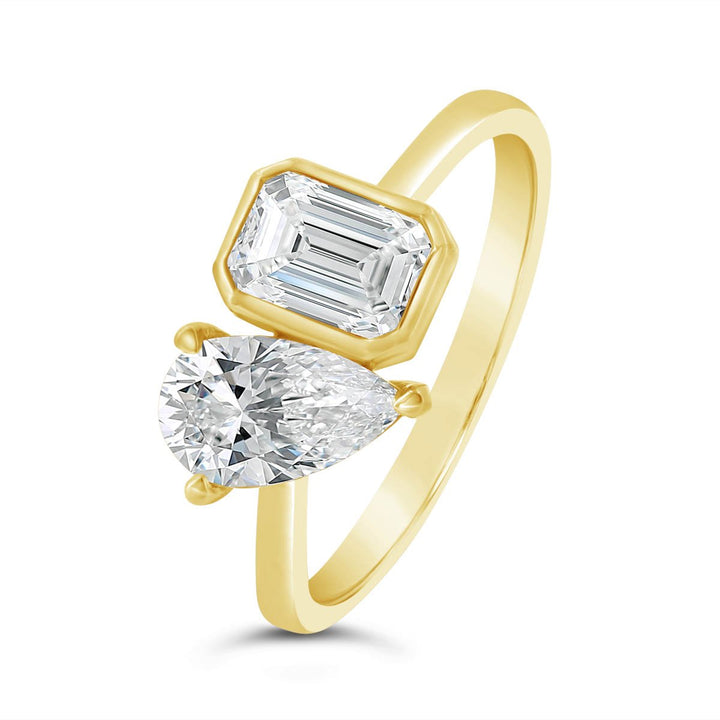 Lab Grown Moi et Toi Pear and Bezel Set Emerald Diamond Ring