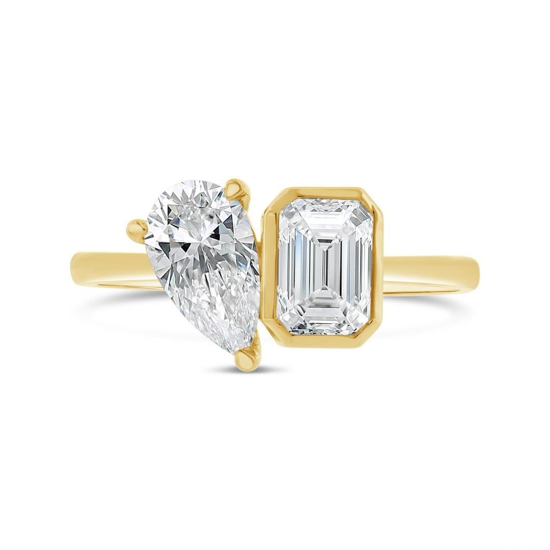 Lab Grown Moi et Toi Pear and Bezel Set Emerald Diamond Ring