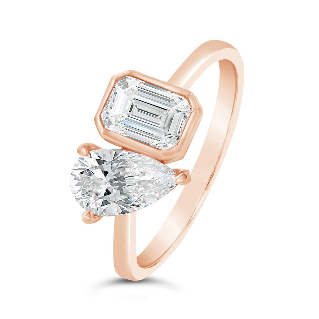 Lab Grown Moi et Toi Pear and Bezel Set Emerald Diamond Ring