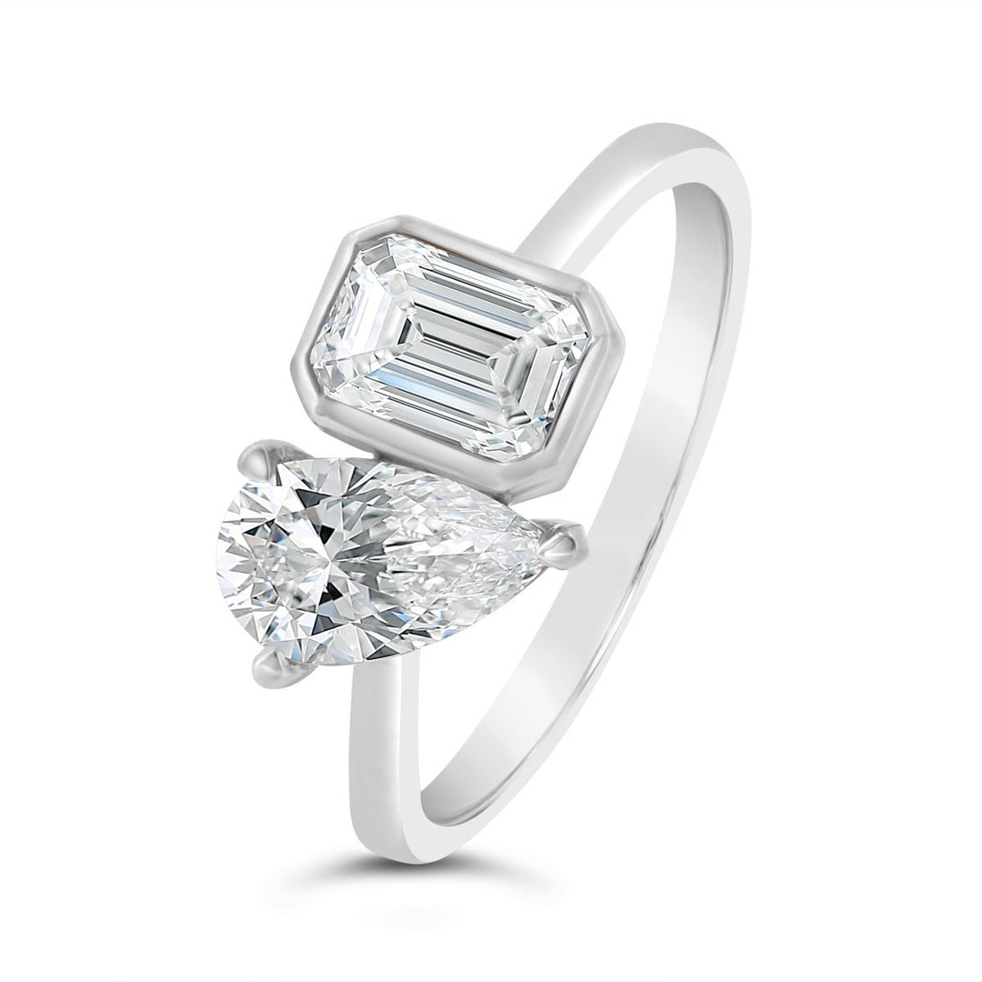 Lab Grown Moi et Toi Pear and Bezel Set Emerald Diamond Ring
