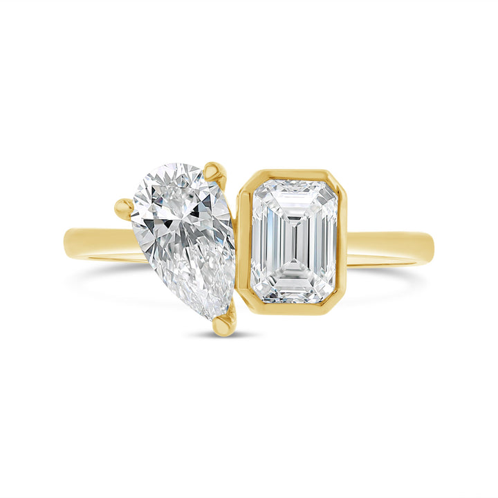 Lab Grown Moi et Toi Pear and Bezel Set Emerald Diamond Ring