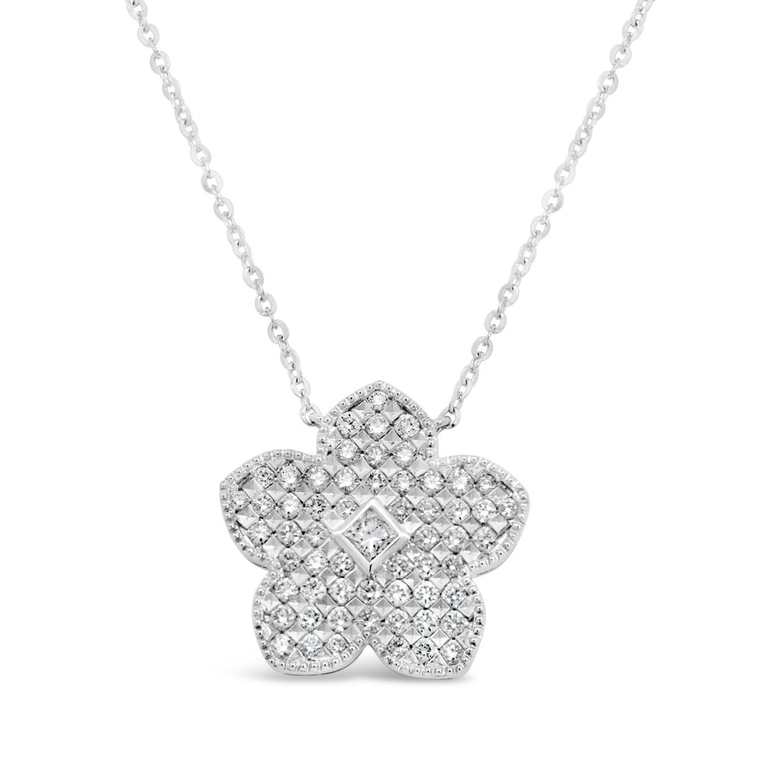 18K White Gold Five Petal Flower Diamond Disc Necklace - The Diamond Guys
