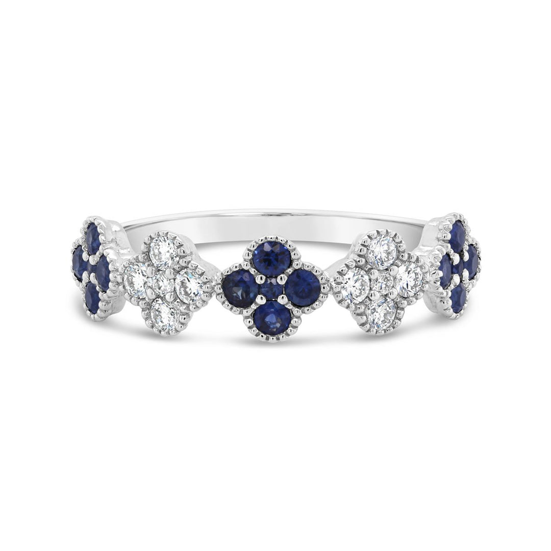 White Gold Diamond & Blue Sapphire Flower Band with Milgrain Detail - VRN5424-SAP