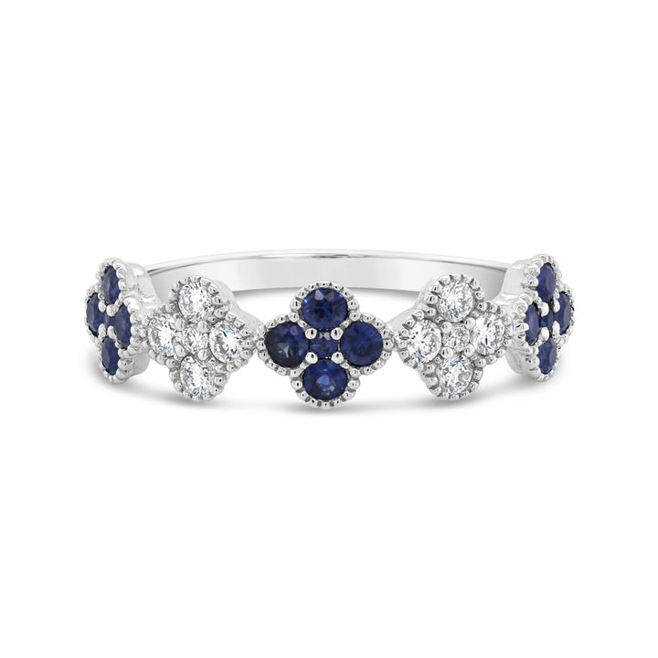 White Gold Diamond & Blue Sapphire Flower Band with Milgrain Detail - VRN5424-SAP