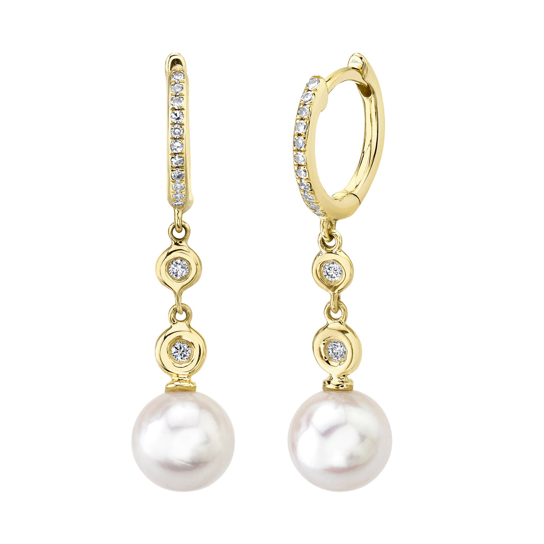 Shy Creation Bezel Set Diamond & Cultured Pearl Dangling Earrings