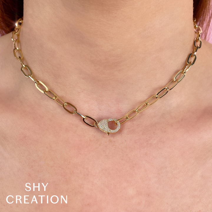 Shy Creation Paperclip Link Necklace w/ Diamond Pave Clasp