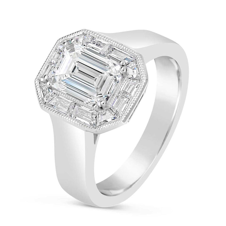Baguette Diamond Halo Engagement Ring