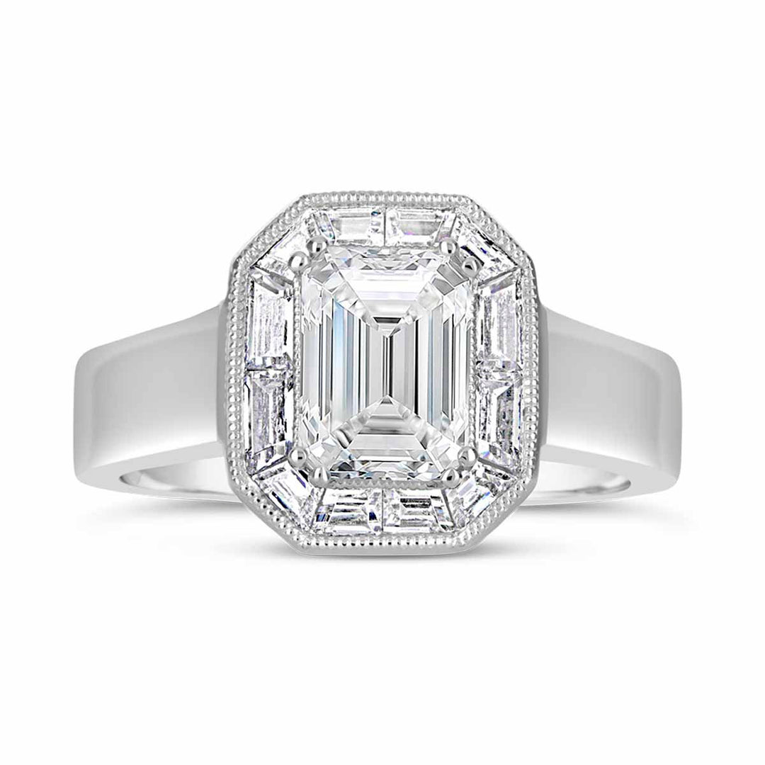 Baguette Diamond Halo Engagement Ring