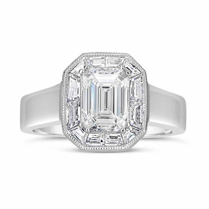 Baguette Diamond Halo Engagement Ring
