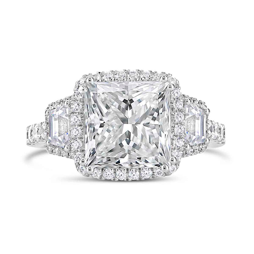 Three stone Diamond Halo Engagement Ring