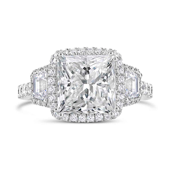 Three stone Diamond Halo Engagement Ring