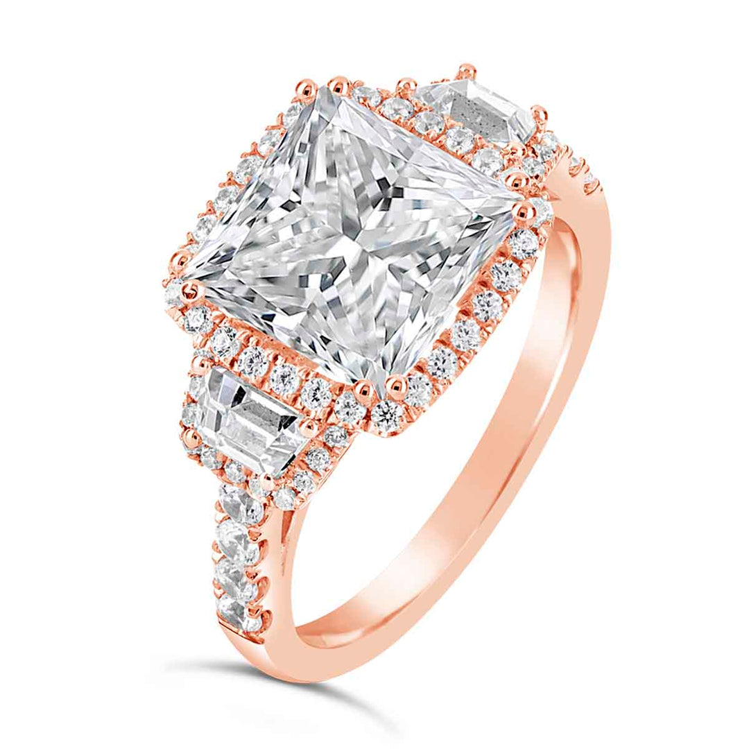Three stone Diamond Halo Engagement Ring