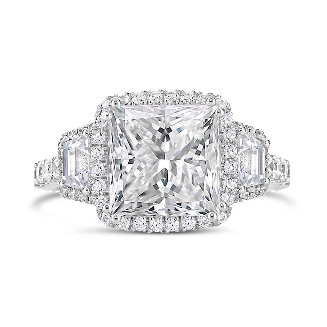 Three stone Diamond Halo Engagement Ring