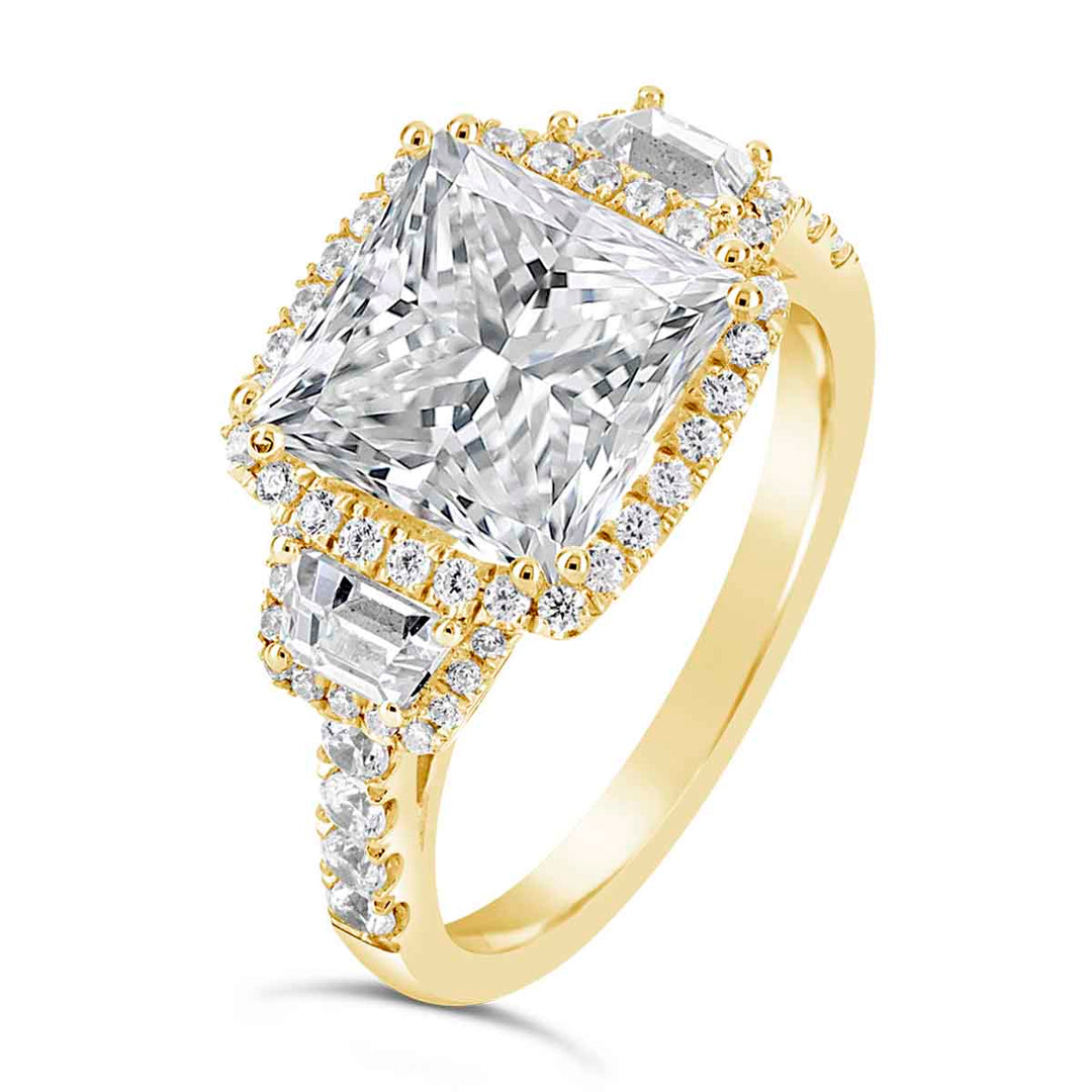 Three stone Diamond Halo Engagement Ring