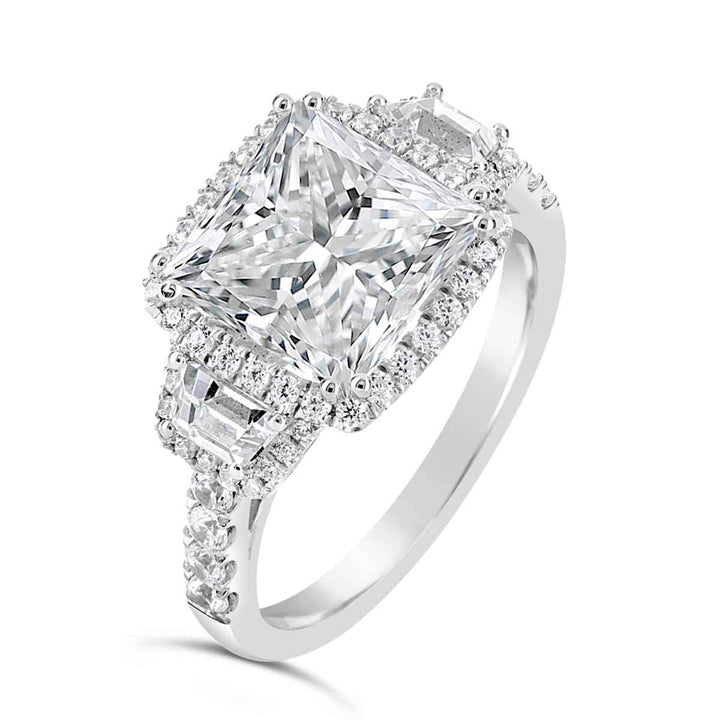 Three stone Diamond Halo Engagement Ring