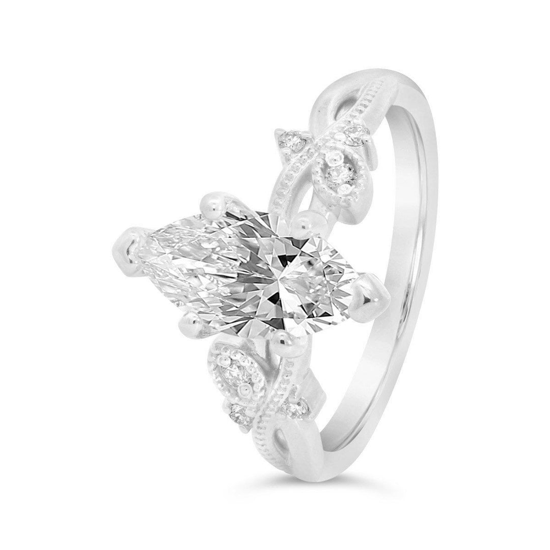 Vintage Inspired Diamond Engagement Ring with Milgrain Leaf Detailing - 126064-MRQ