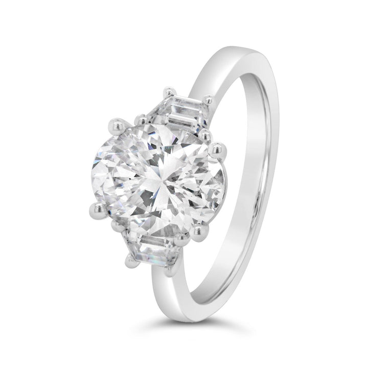 Three Stone Diamond Engagement Ring with Trapezoid Side Diamonds - The Diamond Guys