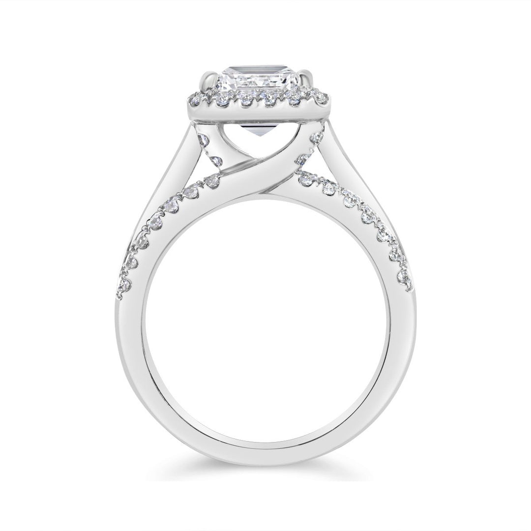 Wide Band Halo Diamond Engagement Ring with Split Shank