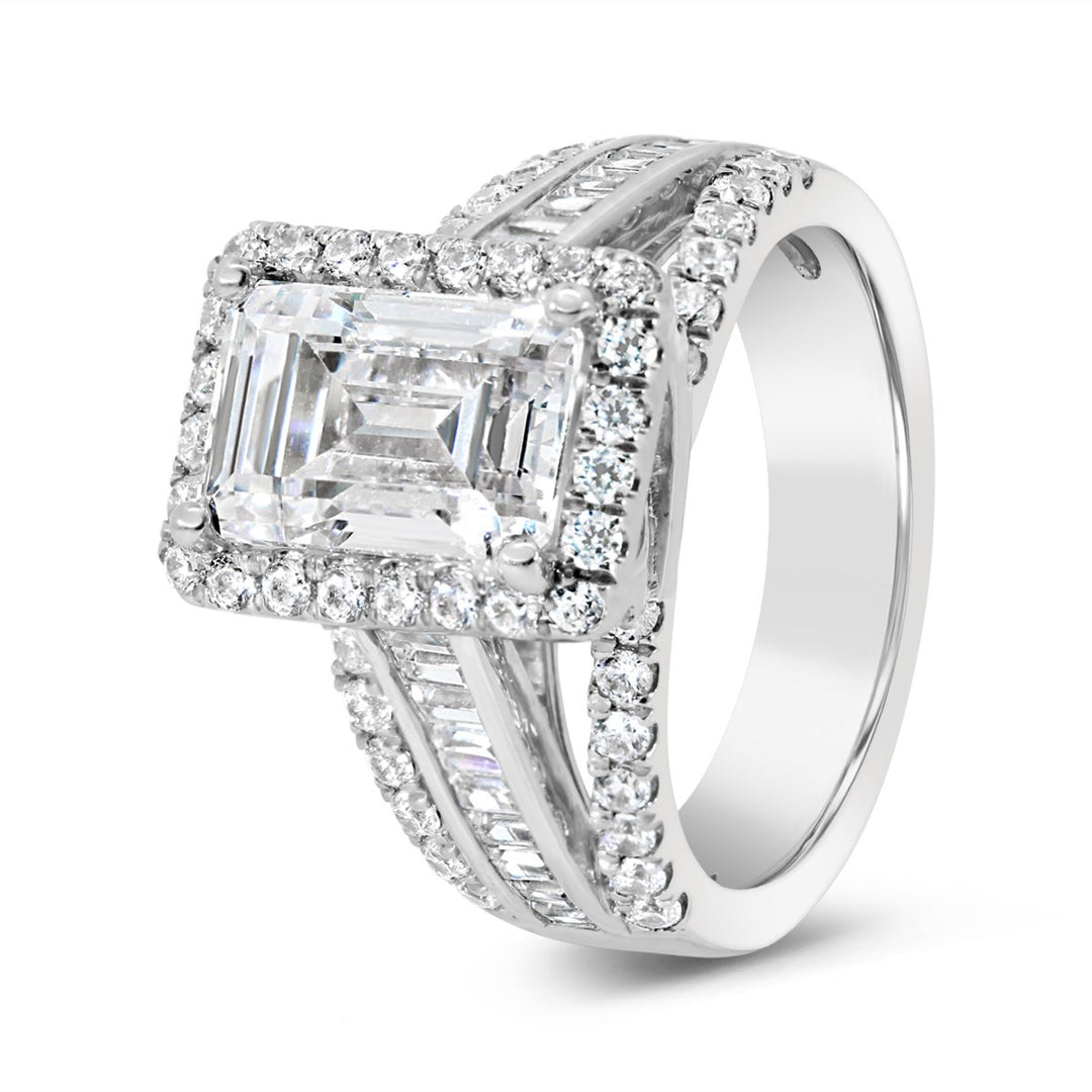 Wide Band Halo Diamond Engagement Ring with Split Shank