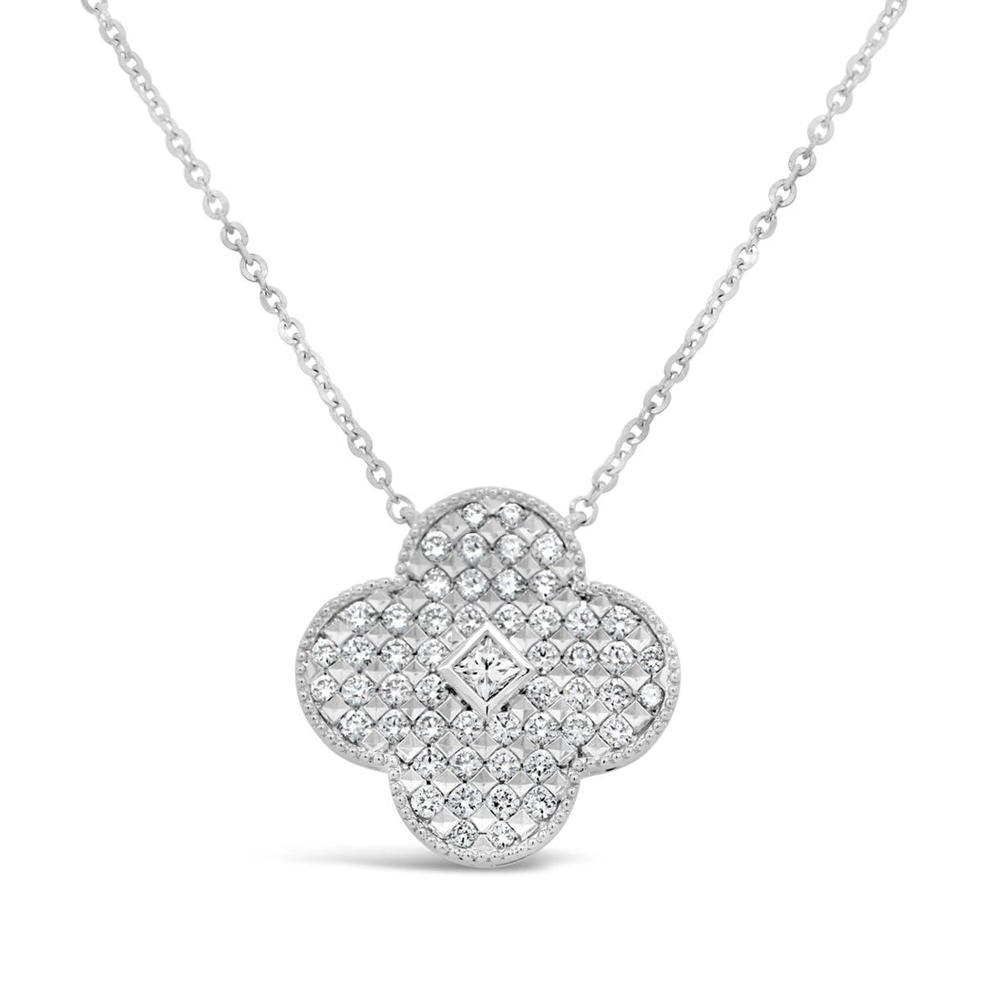 18K White Gold Four Petal Flower Diamond Disc Necklace - The Diamond Guys