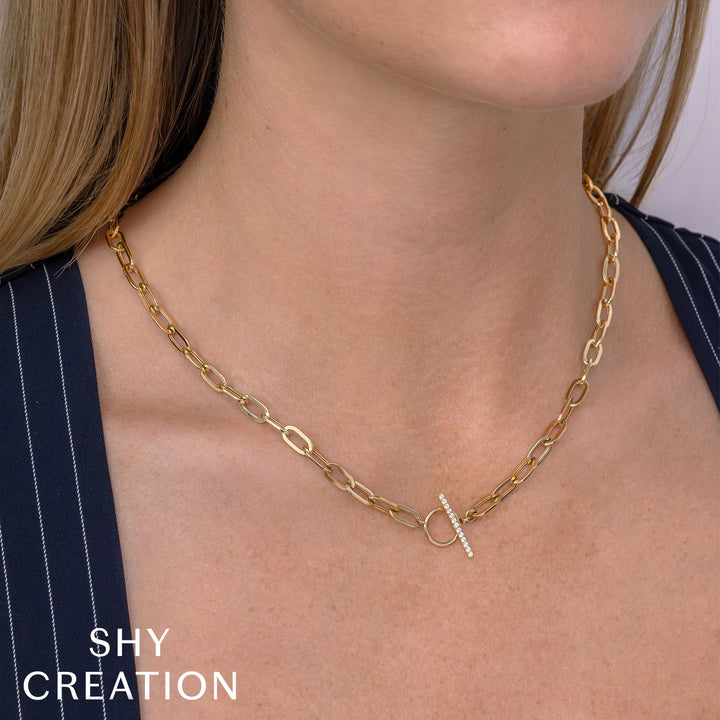 Shy Creation Paperclip Link Necklace w/ Diamond Fob Clasp