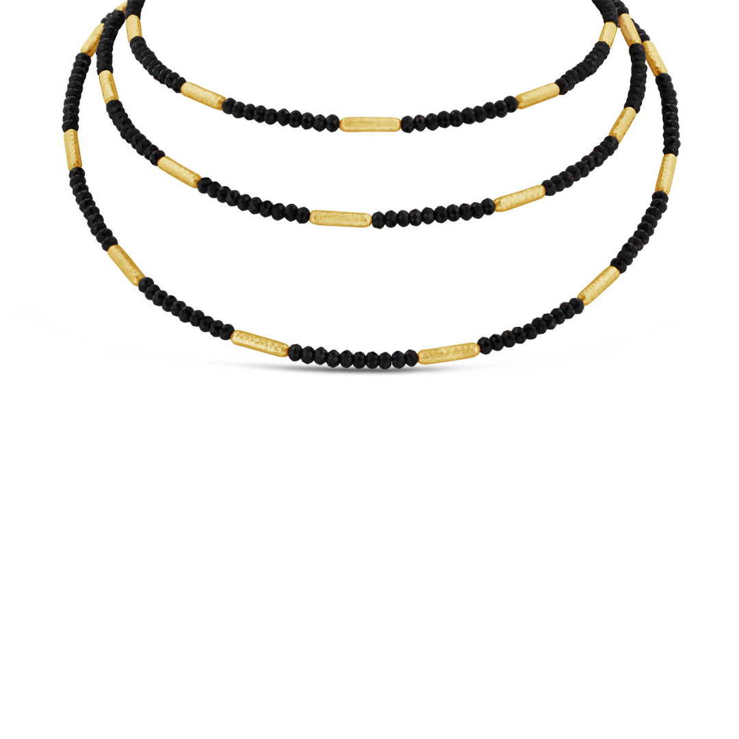 Alternating Black Tourmaline & Hammered Finished Yellow Gold Necklace