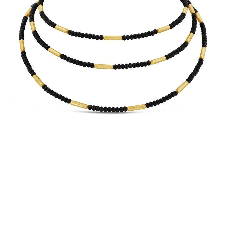 Alternating Black Tourmaline & Hammered Finished Yellow Gold Necklace