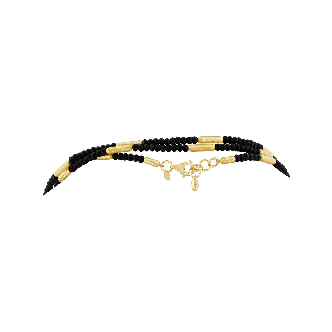Alternating Black Tourmaline & Hammered Finished Yellow Gold Necklace