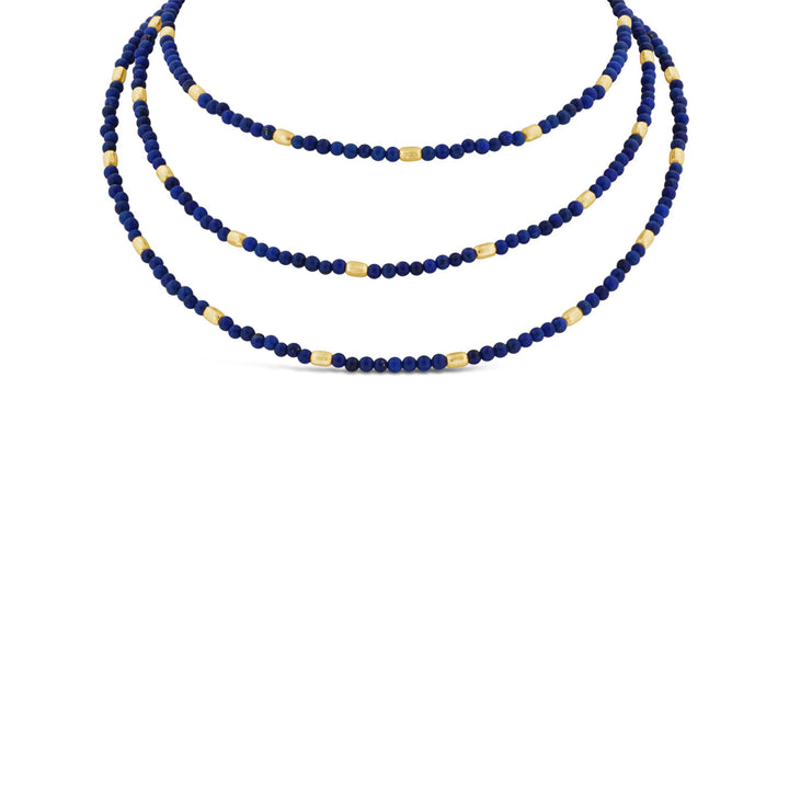 Opera Length Station Necklace w/ Lapis Beads and Satin Finish Yellow Gold Beads