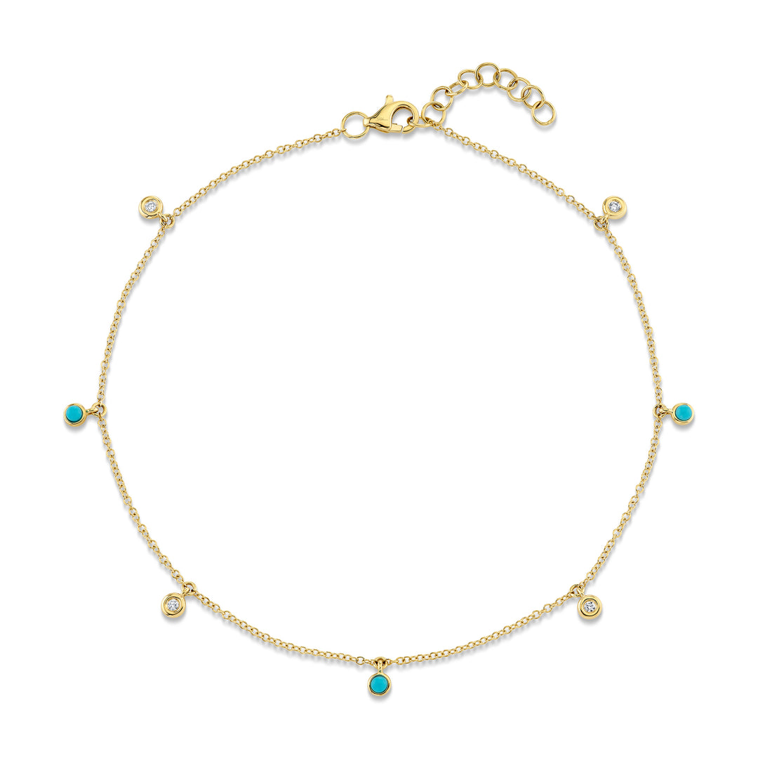 Alternating Bezel Set Turqoiuse & Diamond Anklet