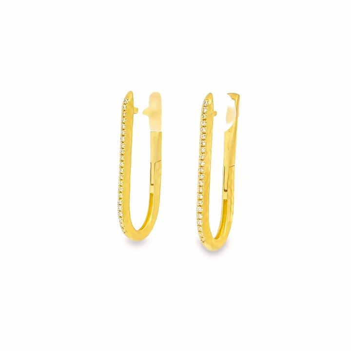 Yellow Gold Elongated Diamond Hoop Earrings with Hammered Finish - MDG8867