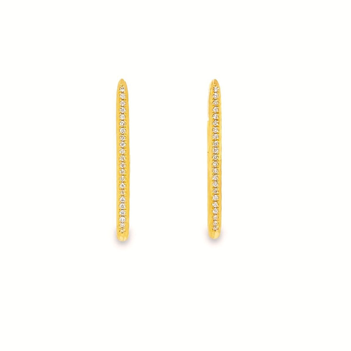 Yellow Gold Elongated Diamond Hoop Earrings with Hammered Finish - MDG8867