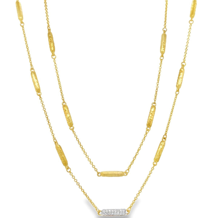 Yellow Gold Hammered Gold Long Necklace with Diamond Accent - MDG8559