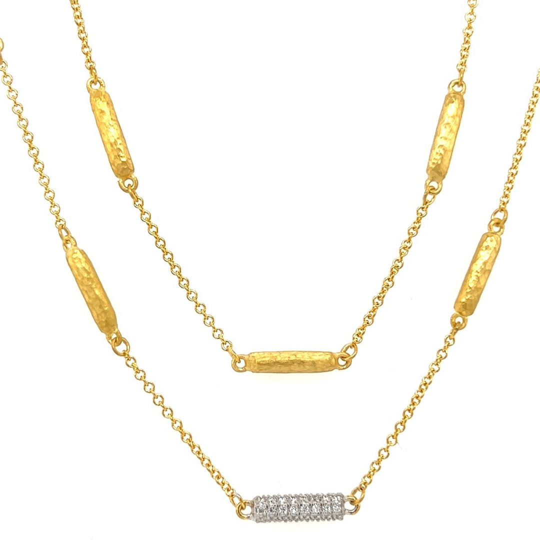 Yellow Gold Hammered Gold Long Necklace with Diamond Accent - MDG8559