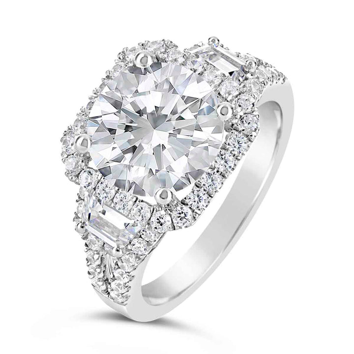 Three stone Diamond Halo Engagement Ring