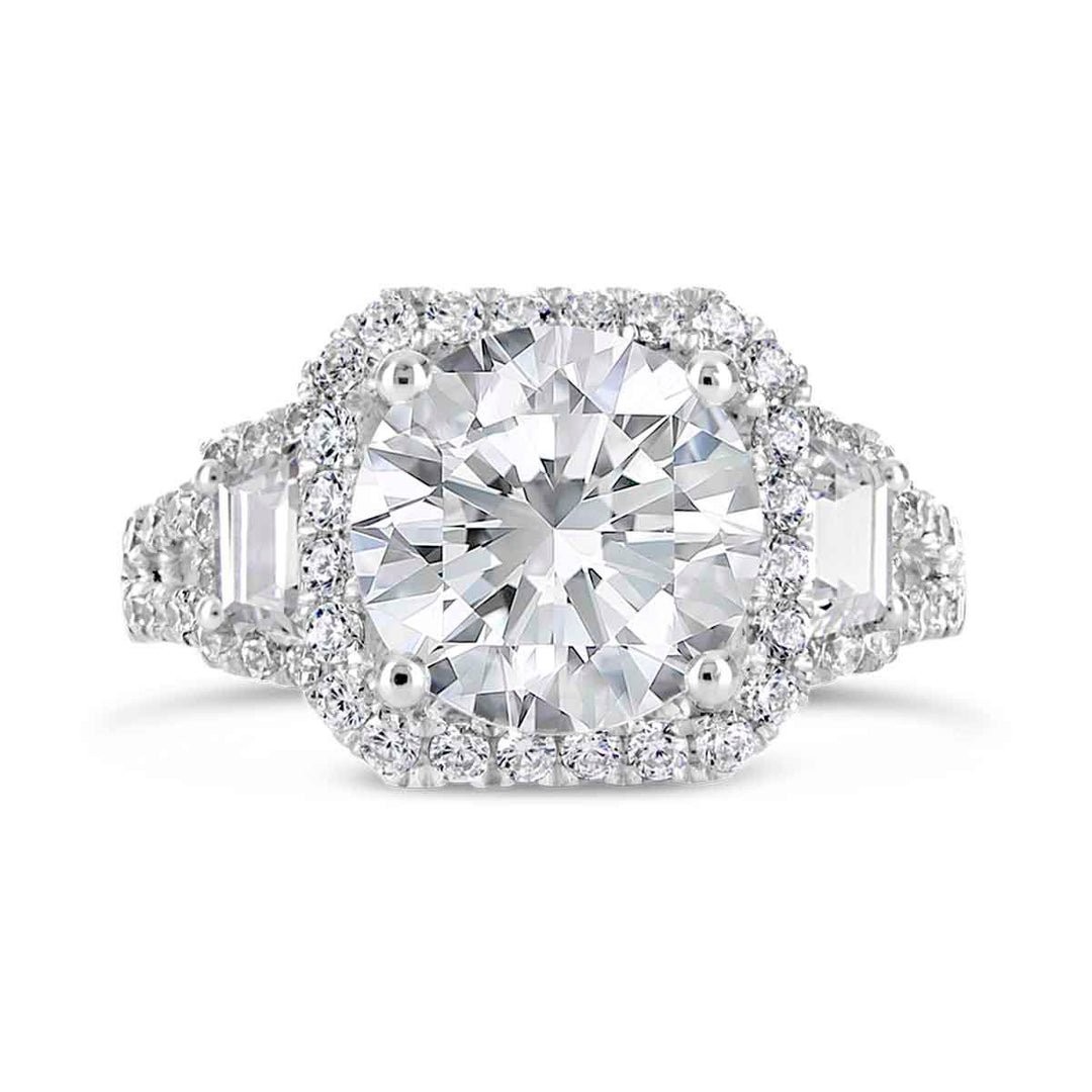 Three stone Diamond Halo Engagement Ring