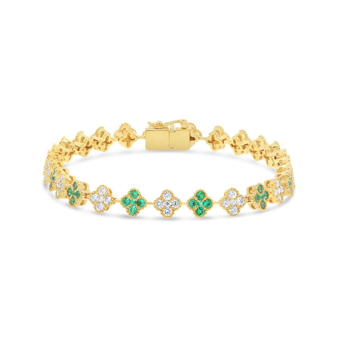 Diamond & Emerald Flower Link Bracelet - BN0890-Y-E