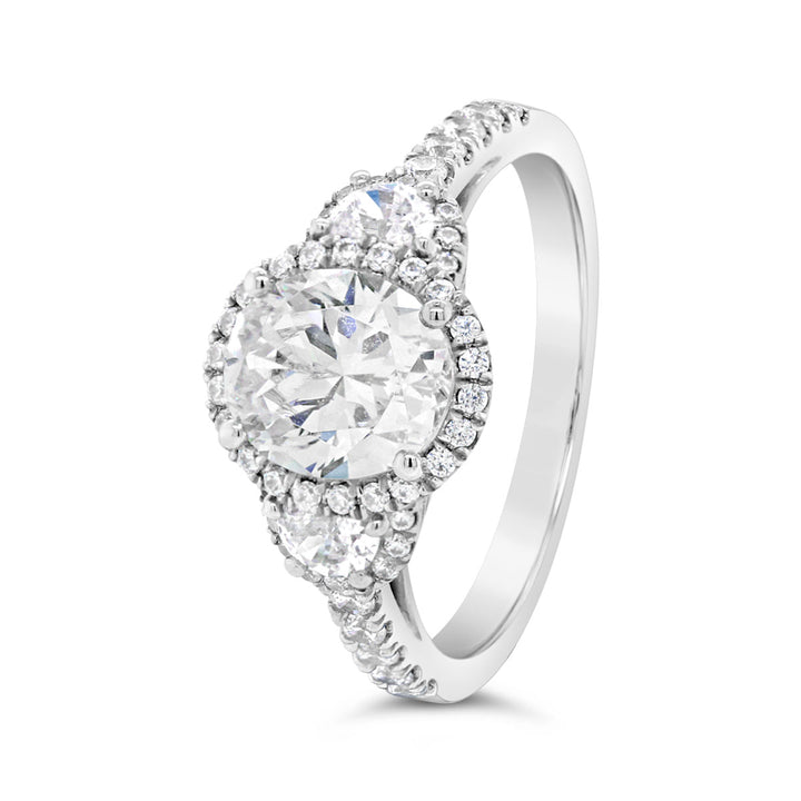 Three Stone Oval Halo Diamond Engagement Ring