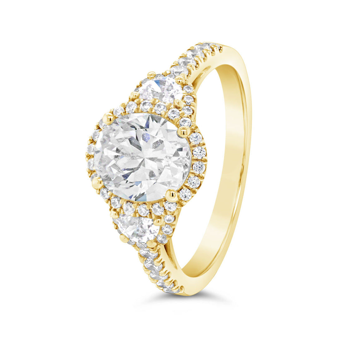 Three Stone Oval Halo Diamond Engagement Ring