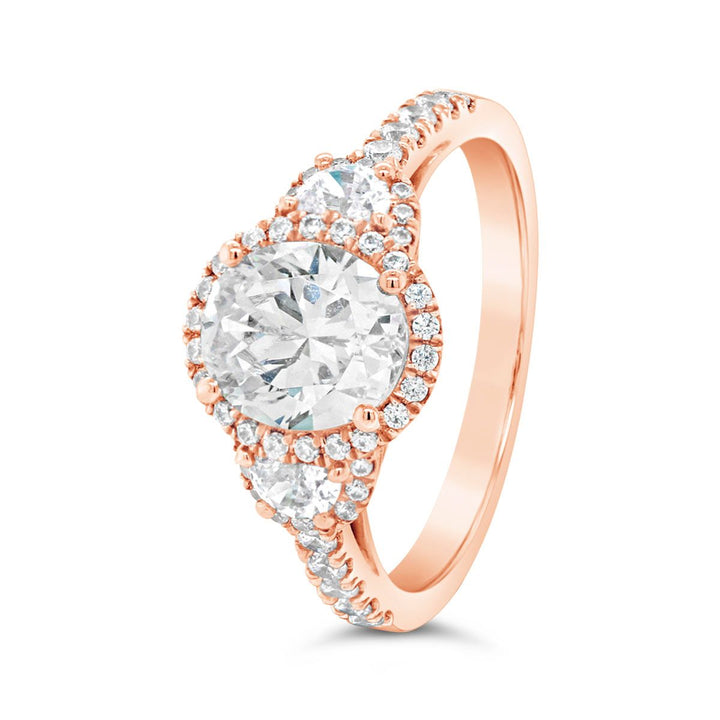 Three Stone Oval Halo Diamond Engagement Ring
