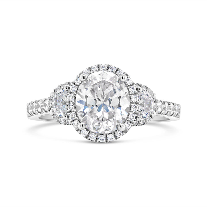 Three Stone Oval Halo Diamond Engagement Ring