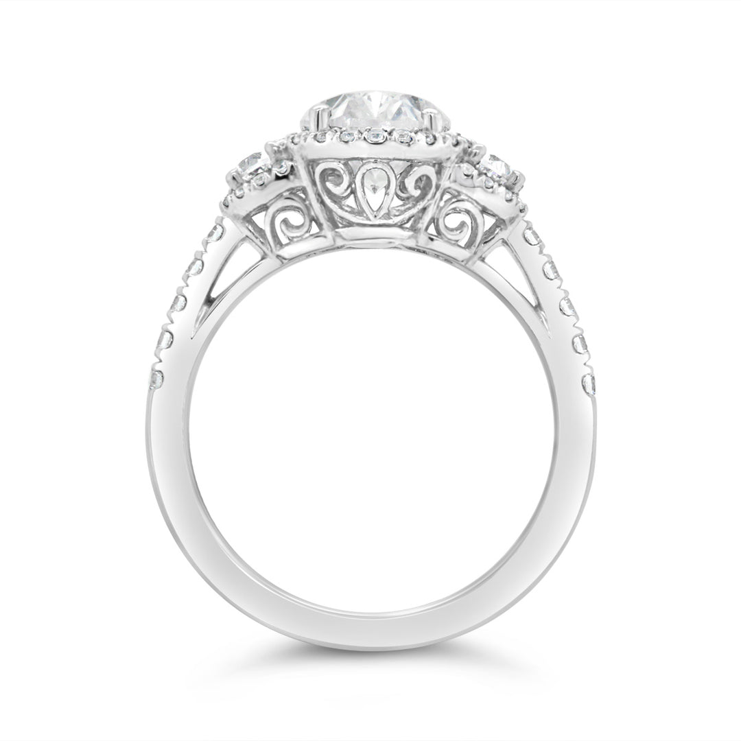 Three Stone Oval Halo Diamond Engagement Ring