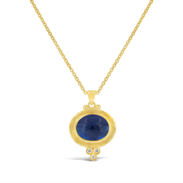 Oval Cebuchon Kyanite and Diamond Necklace with Hammered Finish Halo