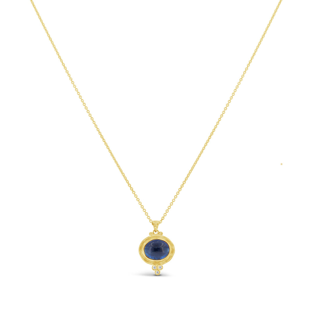 Oval Cebuchon Kyanite and Diamond Necklace with Hammered Finish Halo